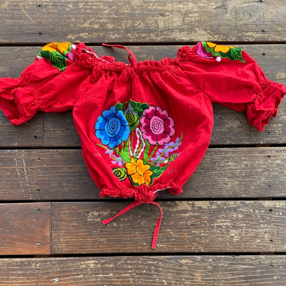 Vintage red embroidered off shoulder boho cropped top